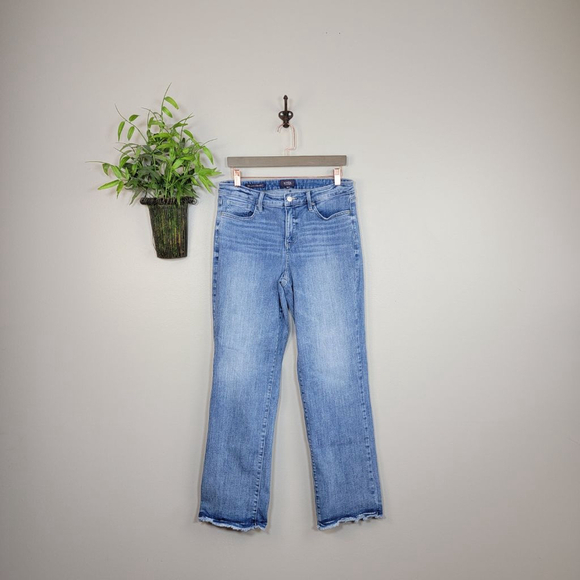 NYDJ Denim - NYDJ 10 Relaxed Straight Leg Jeans Light Blue Wash Mid Rise Raw Frayed Hem